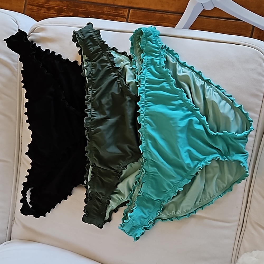 Victoria's Secret Ruffled Rouched Lined Bikini Bottoms XXL BLACK OLIVE SEAFOAM